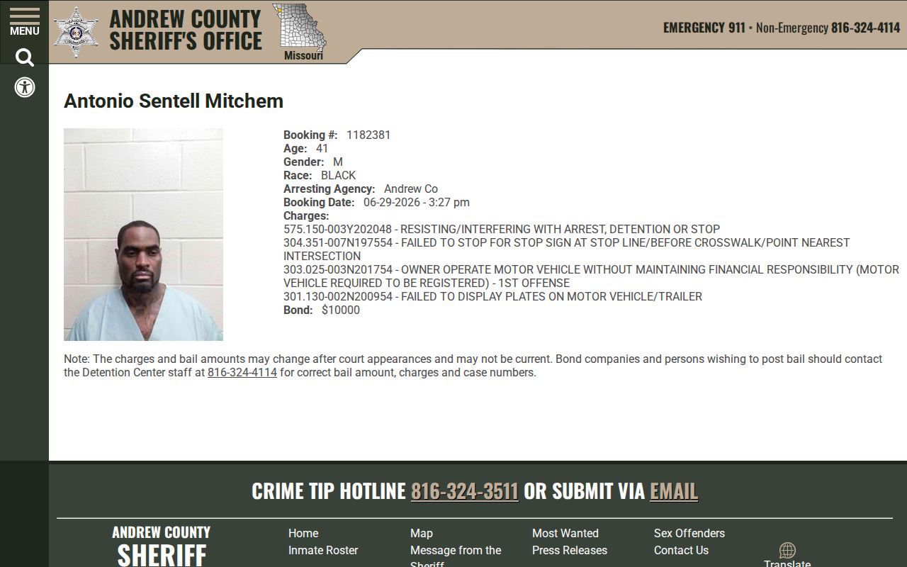 Official Andrew County inmate profile with booking fields and status warning