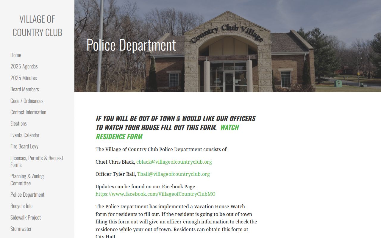 Official Country Club Police Department webpage and contact route