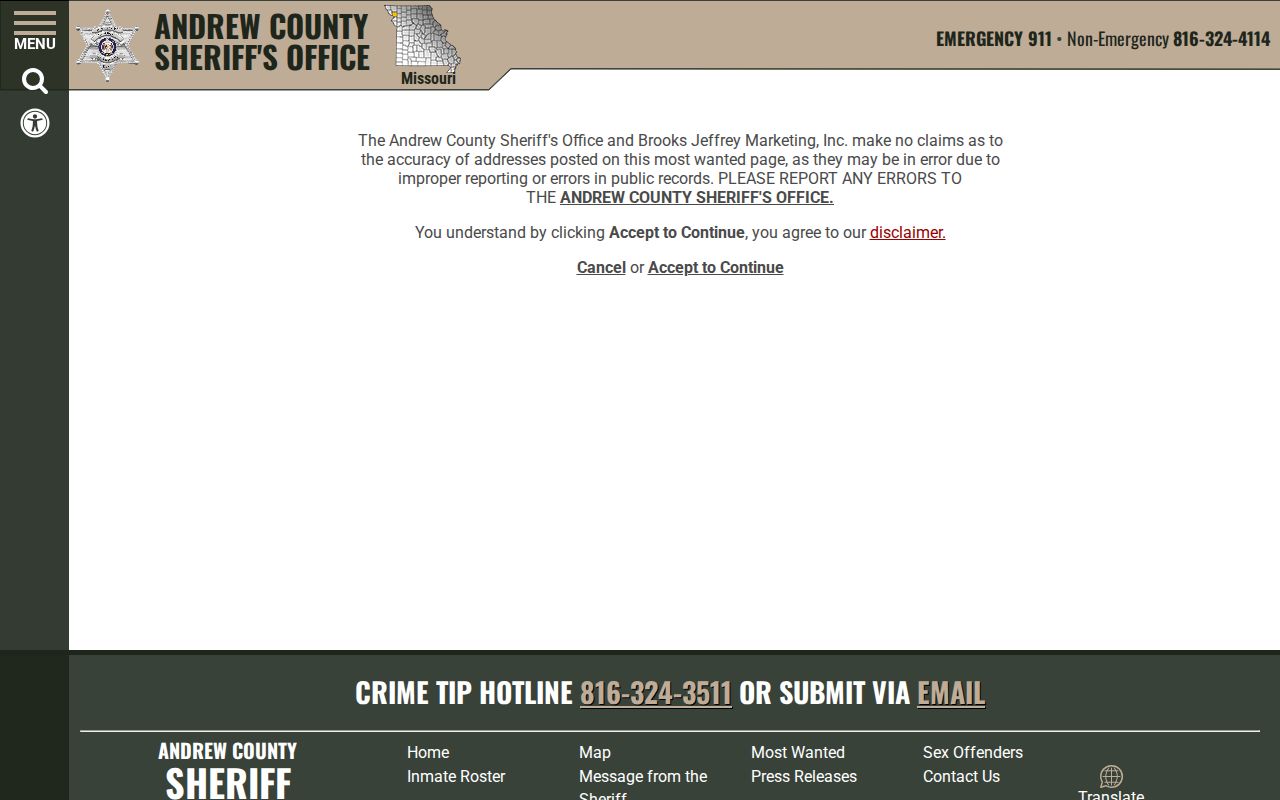 Andrew County Sheriff official Most Wanted page and disclaimer gate