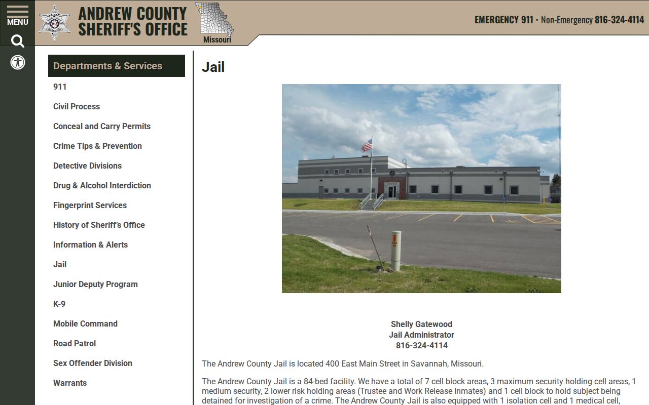 Andrew County Sheriff jail information page explaining the detention center