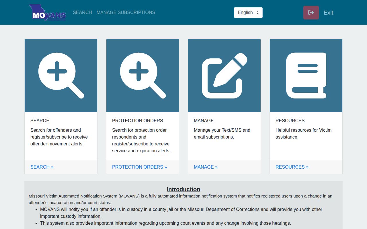 Missouri MOVANS custody and court notification search interface