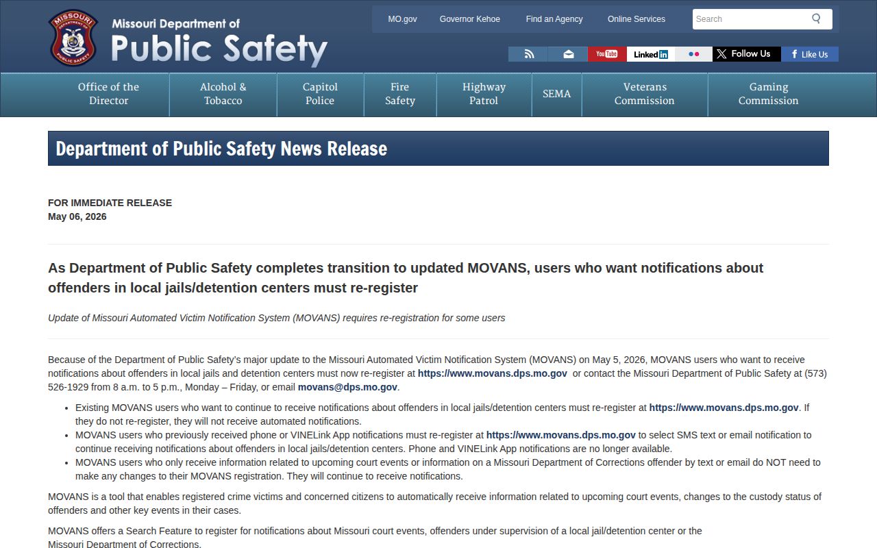 Missouri DPS notice announcing new MOVANS registrations in May 2026