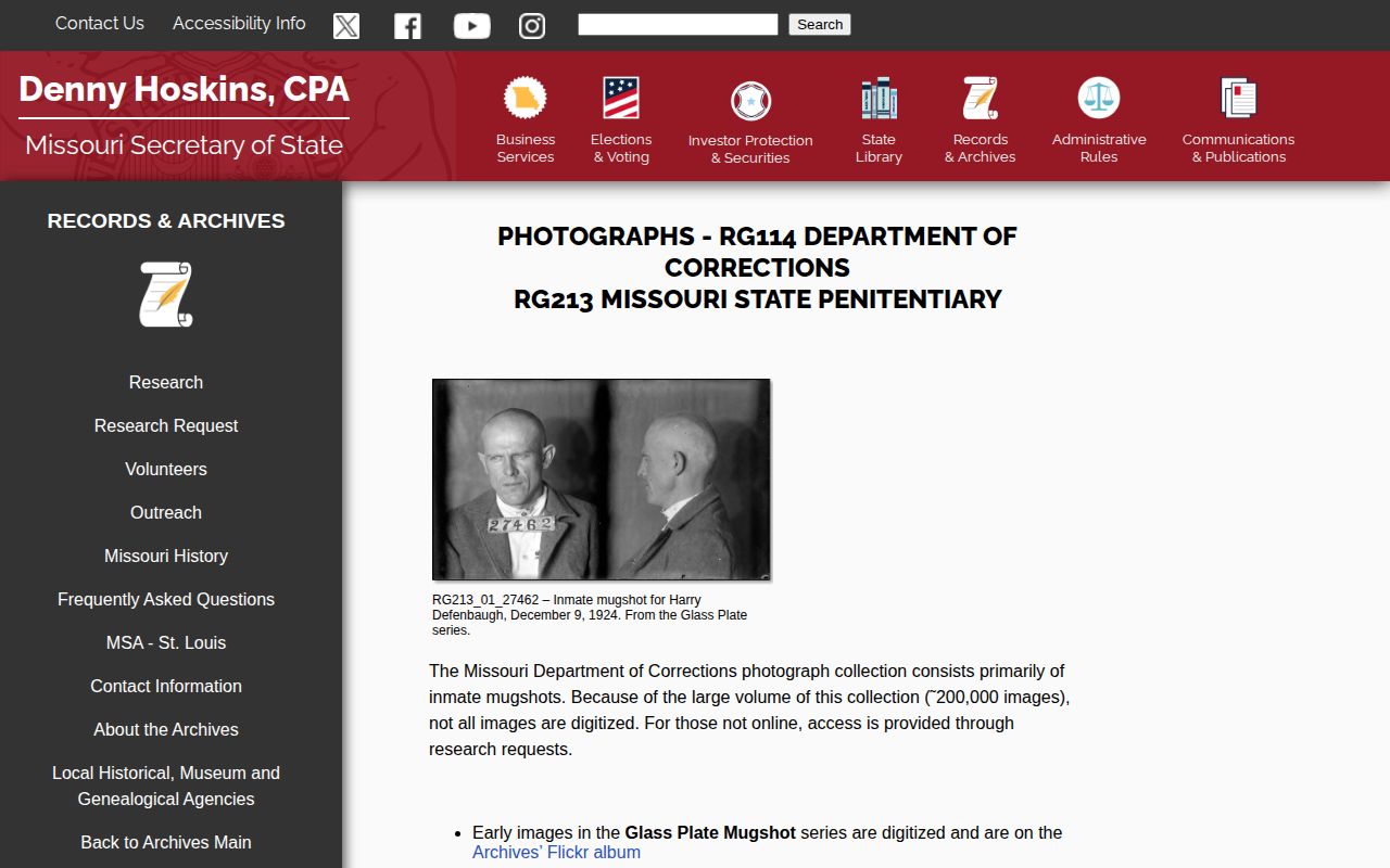 Missouri State Archives historical corrections photograph collection information page