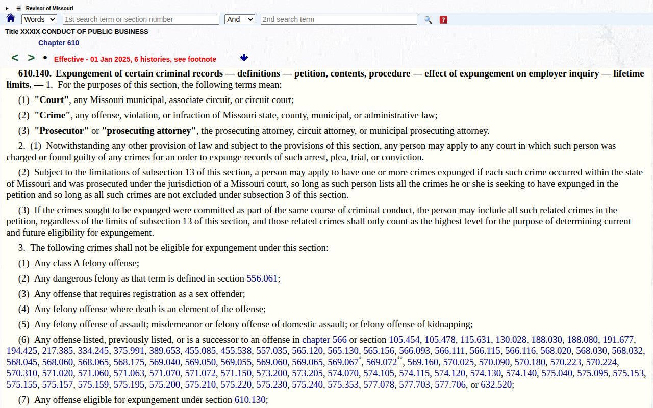 Missouri expungement statute page for arrest and court records
