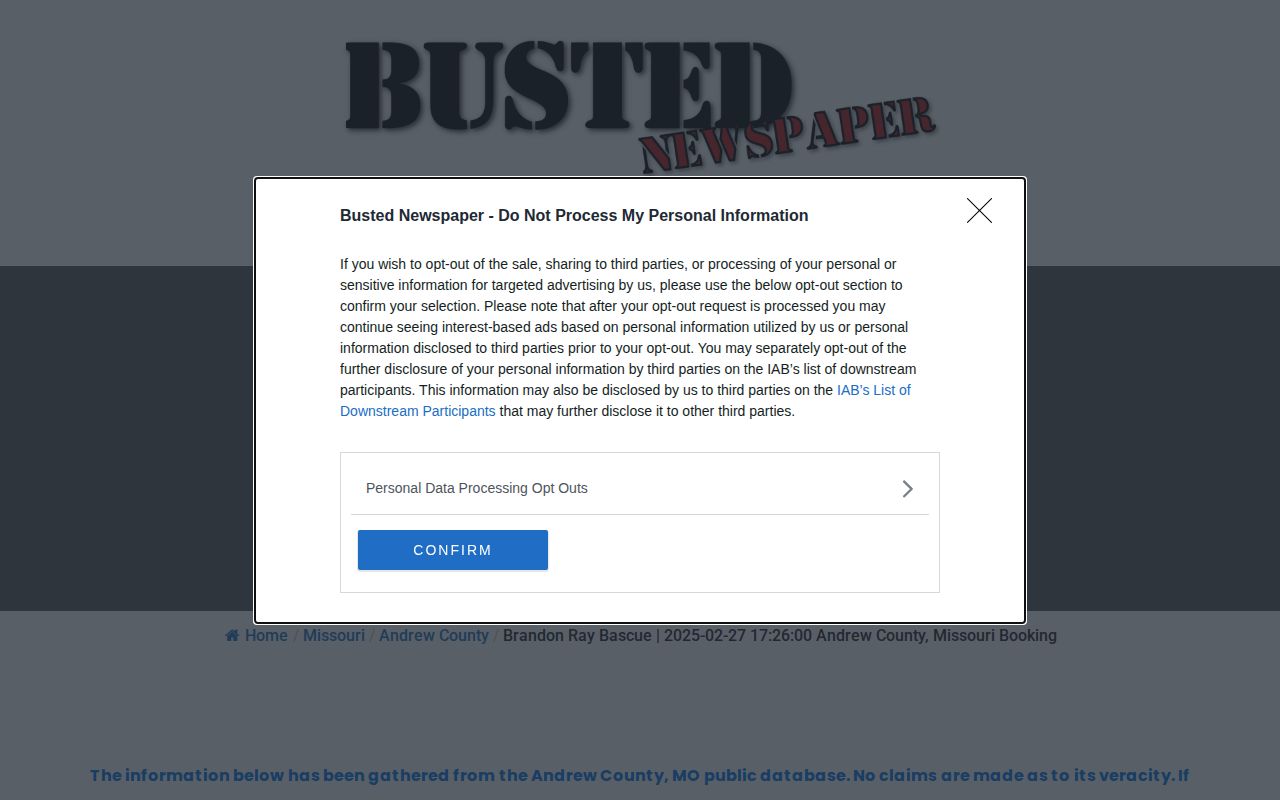 Unofficial Busted Newspaper Andrew County booking detail page with secondary record fields
